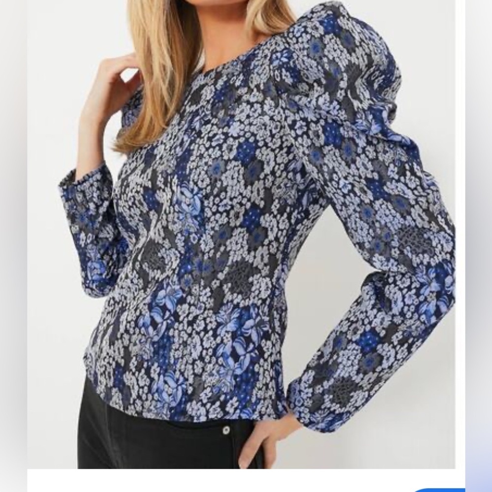 NWT Tuckernuck Hyacinth House Blue Jacquard Priscilla Floral Puff Sleeve Blouse
